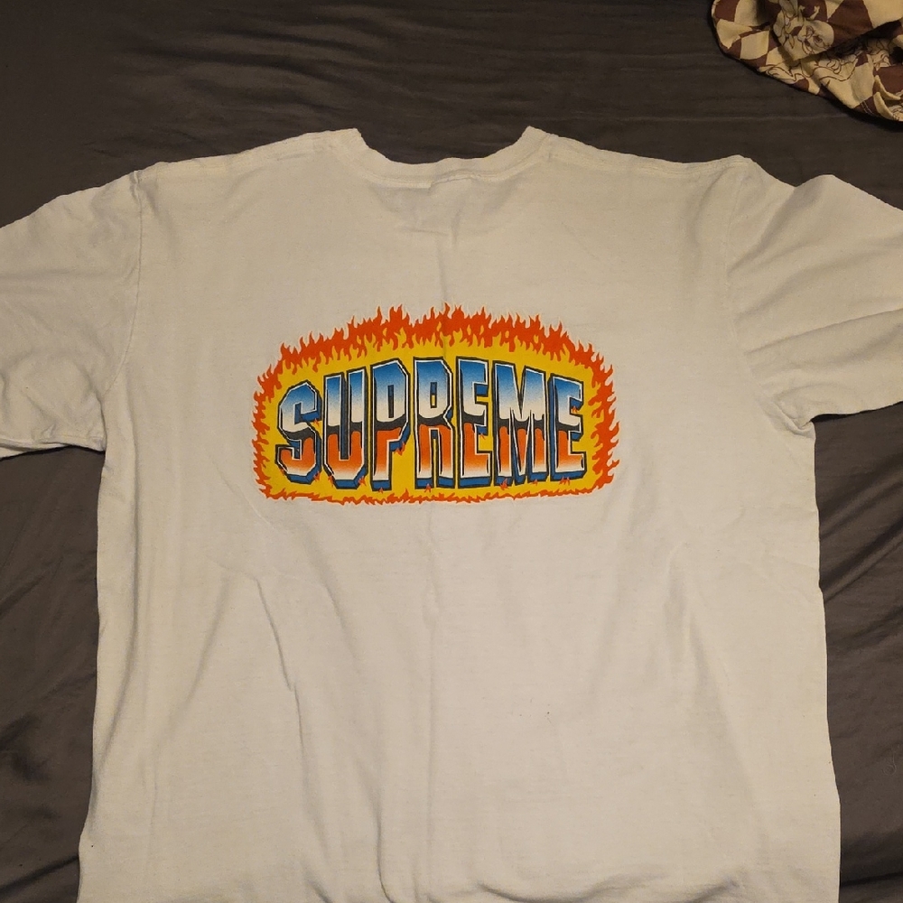 Supreme White Tee with Blue and Orange Flame Graphic